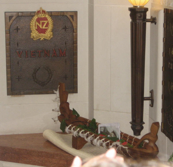 Carillion National War Memorial Wellington - Vietnam Niche with the Maori canoe [waka wairua] symbolising the tapu-lifting [whakanoa] & bringing the spirits of those who died in SVN, home to rest with family/whanau.  After resting in the Carillion the waka wairua is now in the Gallipoli Room, ANZAC House the NZRSA headquarters [Young]