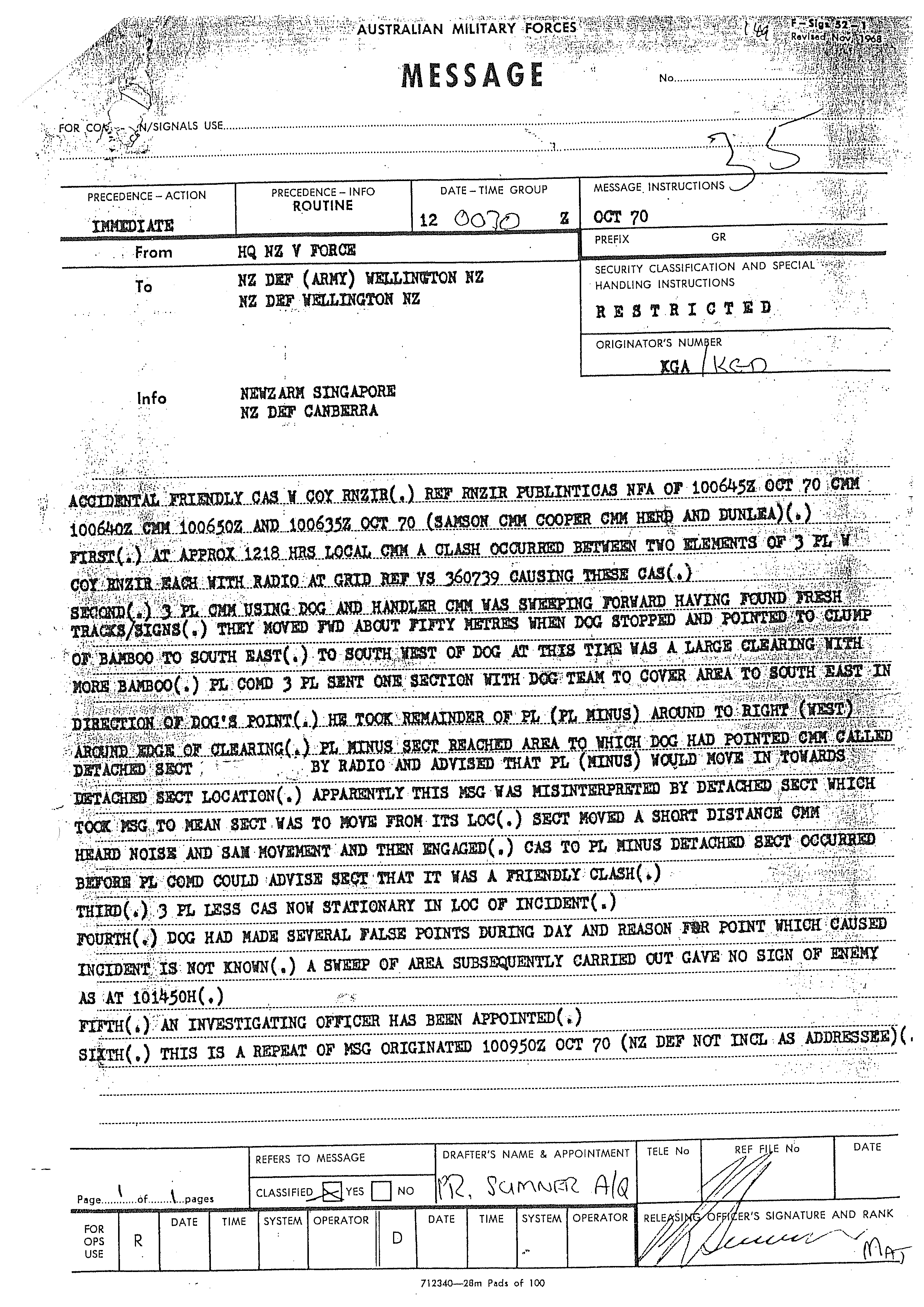 Repeat of message first sent 10 October 1970 from HQ NZ V Force Saigon