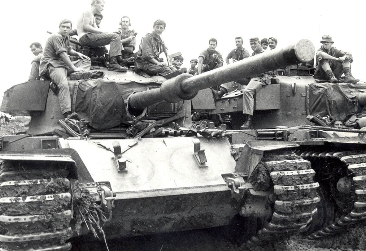 3Pl on supporting tanks day of departure from NDP JILL: from left Sgt Yandall, Aust, Aust, Whatarangi, Aust, Newson, Aust, Cooper, Aust, Aust, Aust, Molloy, Aust, Ure [Ure]