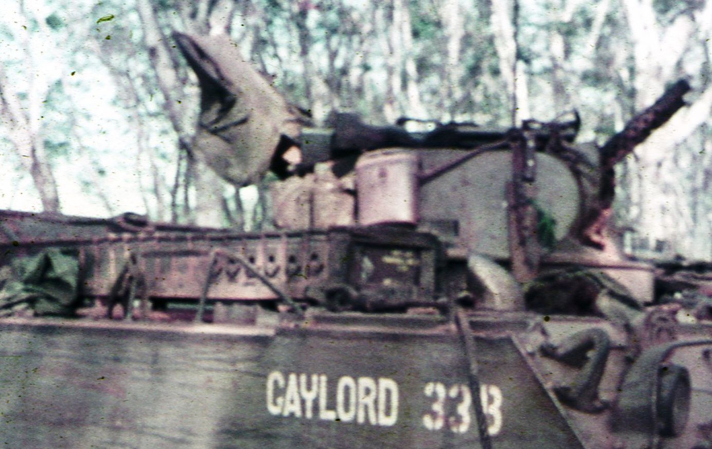 Graeme Merkels APC turret with two 30 cal machineguns on right and his flak jacket draped over the turret hatch.  Graeme would have been standing in the turret exposed to be able to fire his weapon [G Merkel]