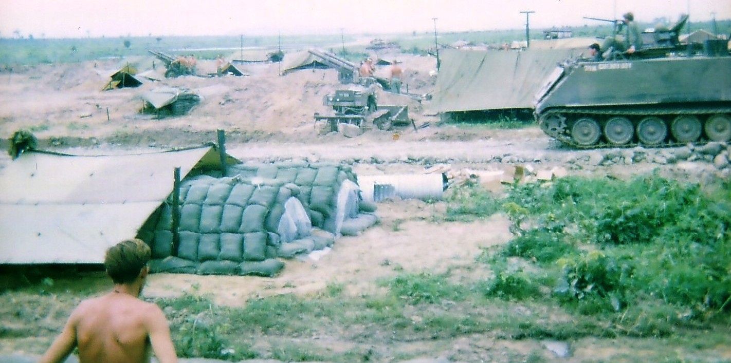 FSPB GAIL with 107 Bty RAA gun position in rear, APC on access road, and mor sect position in foreground