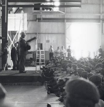 photo taken in 1RNZIR transport hanger in Nee Soon mid-January 1971.  Prime Minister Keith Holyoake speaking to soldiers after reviewing the W Company guard.  Left rear is CO 1RNZIR (later CGS) Lt Col R Williams.  [so at least one politician said 'thanks'] [Young]