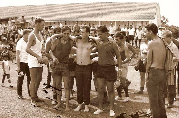 28 Bde tabloid sports day 1969 - Philip with camera, Lt Fisher, Kenyon, Newson, Cpl Preston, Lcpl Sampson, Cpl Joe, ??  [Torrance]